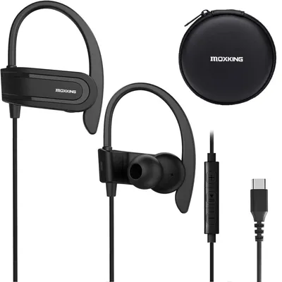 Obrázok produktu pre Káblové slúchadlá USB-C s háčikmi na uši, mikrofónom a regulátorom hlasitosti, čierna farba
