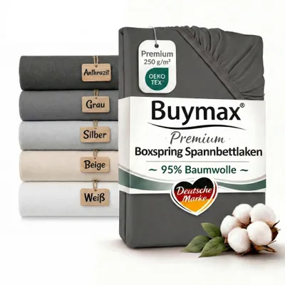 Produktbild von Buymax Premium Boxspringbett Spannbettlaken 180x200 bis 200x220 cm Anthrazit – Jersey 250 g/m² – 95% Baumwolle 5% Elasthan – bis 35 cm Matratzenhöhe