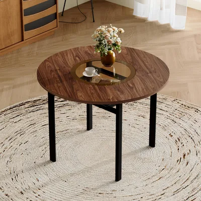 Produktbild von Runder Esstisch Ø100cm – modernes minimalistisches Design, braunes Holzmuster, braungraue Glaseinlage & Metallgestell, für 2-4 Personen, Braun/Grau
