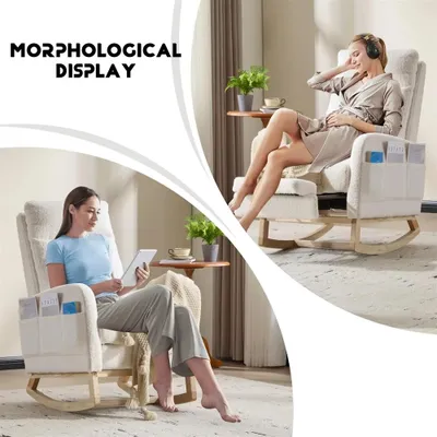 Obrázok produktu pre Kreslo z fleecového materiálu – Čalúnené kreslo s vysokým operadlom – Opierka nôh – Bočné vrecká – Drevený rám – Biela farba