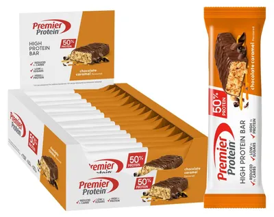 Obrázek produktu pro Premier Protein – vysokoproteinová tyčinka 50 % – čokoláda a karamel – 16 x 40 g – nízký obsah cukru – nízký obsah sacharidů – bez palmového oleje