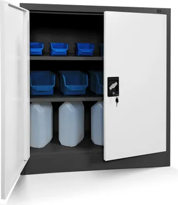 An open metal cabinet with shelves containing blue storage bins and white plastic containers.