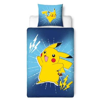 A Pokemon-themed duvet cover and pillowcase set featuring Pikachu.