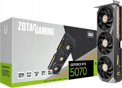 A ZOTAC GAMING GeForce RTX 5070 graphics card and its packaging are displayed together.
