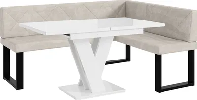 Produktbild von MEBLINI Eckbank für Esszimmer mit ausziehbarem Tisch  - Küchenbank - Essecke - Sitzecke Küche - ERIC - U-Beine 128x168x87cm Rechts - Beige Samt/M Weiß Hochgl.