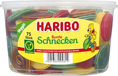Obrázek produktu pro Haribo Bunte Schnecken 75 kusů ovocných žvýkaček kulatá plechovka 1200g