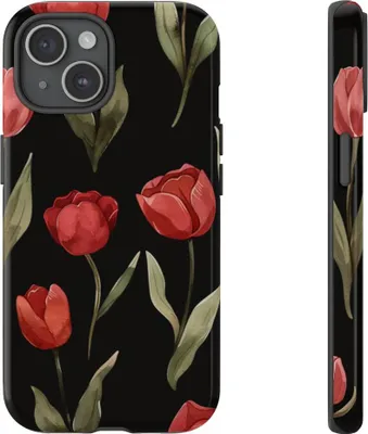 Produktbild von Rote Tulpen auf schwarzem Hintergrund – Hülle Kompatibel mit iPhone 15