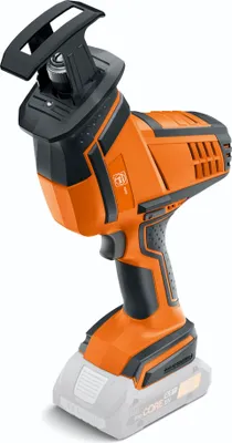 A cordless reciprocating saw with a battery pack attached, shown against a white background.