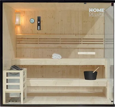 Produktbild von HOME DELUXE - Traditionelle Sauna - Shadow XL - 200 x 150 x 190 cm - für 5 Personen - hochwertiges Fichtenholz, inkl. Saunaofen, Saunazubehör I Dampfsauna Aufgusssauna Finnische SaunaSauna