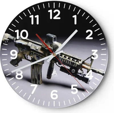 Produktbild von Wanduhr - Rund - Glasuhr - Armee Gewehr - 30x30cm - Schleichendes Uhrwerk - Lautlos - zum Aufhängen bereit - Dekoration Modern - Wanddekoration aus Glas - C4AR30x30-3768