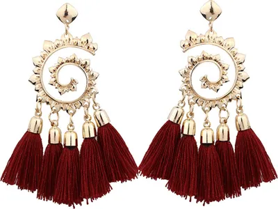 Produktbild von Böhmische Frauen-Spiral-Anhänger-Faden-Quasten-baumelnde Tropfen-Ohrringe Schmuck-Geschenk-Weinrot