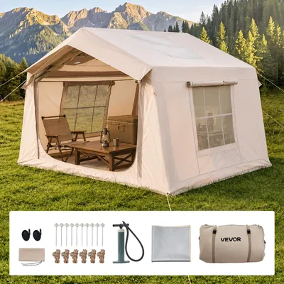 Produktbild von VEVOR Aufblasbares Zelt Glamping Luftzelt 3-5 Personen mit Pumpe Beige, für Outdoor-Aktivität Wasserabweisendes 420D Oxford-Gewebe Dachfenster Ofenrohrdurchführung Netzfenster & Tragetasche