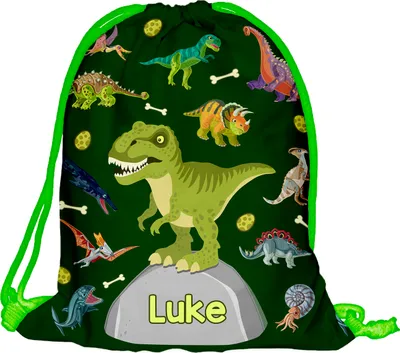 Produktbild von Kinder Turnbeutel mit Namen Beutel Fullprint Tasche Gymsac Jutebeutel Print Bag Fitness Junge Mädchen T-Rex Dino Dinosaurier [010]