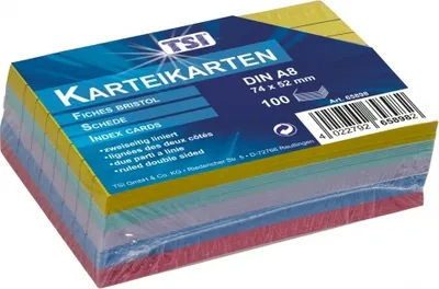 Produktbild von TSI Karteikarten A8, 100 Stk. 5 Farben. liniert