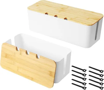 Produktbild von PolkaHome® Kabelbox mit Bambusdeckel, Kabelmanagementbox, Kabelorganizerbox, 2er Set, Weiß, Groß, für versteckte Kabel und Ladestation
