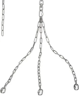 A set of metal chains hanging against a white background.