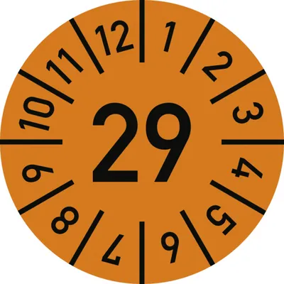 Produktbild von Dreifke® Prüfplakette Jahr 29 mit Monaten, orange, Folie, Ø 25 mm, 10 Stück/B...