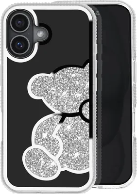 Image de Avizar, Apple iPhone 16 étui pailleté avec motif ours et strass, argenté