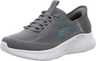 A single gray Skechers shoe with blue accents and a white sole is shown against a white background.