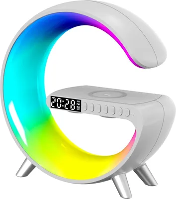 Produktbild von Atmosphärenlampe mit kabellosem 30W Ladegerät, intelligente LED Tischlampe, Bluetooth Lautsprecher, dimmbares Nachtlicht, Touch Lampe, Wecker mit Musiksynchronisierung, App-Steuerung (Weiß)