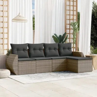 Produktbild von Design 5-tlg. Garten-Sofagarnitur mit Kissen Grau Poly Rattan, Gartenmöbel-Sets 2024 Neu