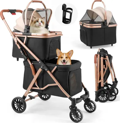 Produktbild von 4-in-1 Faltbare Hunde-Buggy für 2 Kleine Hunde oder Katzen – Doppelte Haustierwagen bis 15 kg mit Netzfenstern und Becherhalter