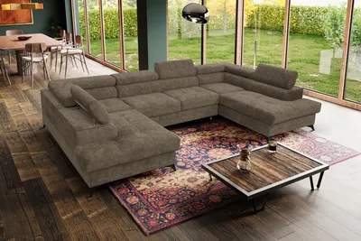 Image de MargaretHadas24 Canapé d'angle en U Palermo avec fonction couchage, rangement pour literie 345 x 202 cm Grand canapé, appuie-têtes réglables Canapé XXL, 5 places, marron