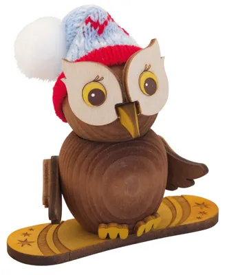 Produktbild von Drechslerei Kuhnert - Mini-Eulen aus Holz - mit Snowboard - ca. 7 cm groß - als Dekoration oder Geschenk geeignet