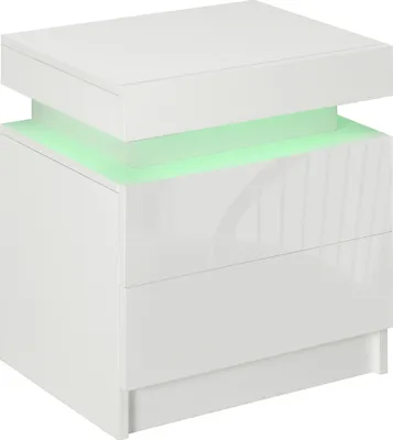 Produktbild von HOMCOM Weißer Nachttisch mit LED-Licht, Nachttisch mit hoher Helligkeit, 2 Schubladen und Fernbedienung für Wohnzimmer, Schlafzimmer, 45 x 35 x 52 cm