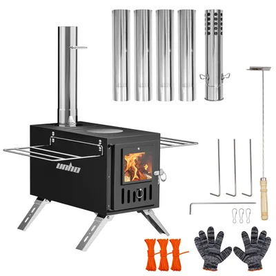 Produktbild von unho Camping-Holzofen, Holzofen mit Sichtfenster Schornsteinrohren tragbarer Holzofen für Camping Kocher Notofen Herd Heizung Outdoor