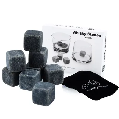 Zdjęcie produktu dla Intirilife granitowe kostki do whisky w kolorze STONE GREY - 9 sztuk granitowych kostek lodu wielokrotnego użytku z torbą do przechowywania, idealne do whisky - kostki chłodzące kostki chłodzące kostki whisky