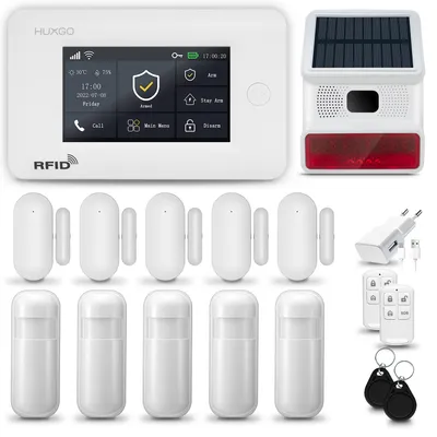 Image de Système d'alarme domestique HUXGO HXA006, GSM 4G + Wi-Fi, avec sirène sans fil. Système d'alarme comprenant 5 détecteurs de mouvement et 5 détecteurs d'ouverture de portes et fenêtres, compatible avec l'application Tuya Smartlife