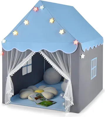 Produktbild von COSTWAY Kinderspielhaus mit Sternenlichter, Prinzessin Prinzess Kinderzelt mit Fenster & Matte, Spielzelt mit doppeltem Vorhang, Kinderspielzelt, Kinderspielburg für Jungen und Märchen (Blau)