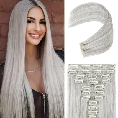 Immagine prodotto di Estensione per capelli a clip, set da 11 pezzi, lunghezza 61 cm, lisce, in fibra sintetica, color argento-grigio