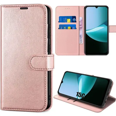Image de Coque pour Xiaomi Redmi 15C 4G/5G, Protection Flip Case Anti-Rayures Antichoc Effet Cuir Rose