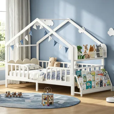 Produktbild von AODEMOKO Kinderbett 90 x 190 cm, Hausbett mit 30 cm Rausfallschutz, Montessori-Bodenbett mit Bücherregal, Weiß