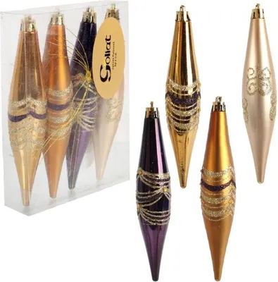 Produktbild von Set mit 4 Kunststoff-Weihnachtskugeln mit Glitzerverzierung, lila und gold, 14,5 cm
