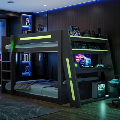Produktbild von Merax Gaming Etagenbett 140x200 cm, Hochbett mit Schreibtisch, LED Beleuchtung, USB Anschluss, Holzbett Kinderbett mit Ablagen, Jugendbett, Schwarz