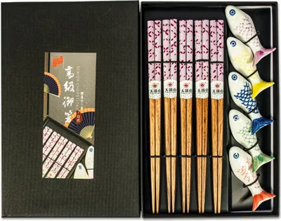 Produktbild von Yoaxia 5 Paar Essstäbchen + 5 Ablagen | Blossom Koi | Stäbchen aus Holz | Geschenk Set