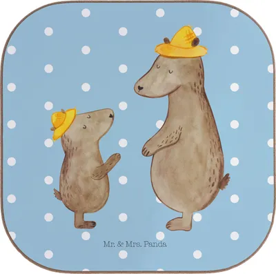 Produktbild von Mr. & Mrs. Panda Flaschenuntersetzer Bären mit Hut - Blau Pastell - Geschenk, Bär, Vatertag, Holzuntersetzer, gläseruntersetzer, Family, Muttertag, Kinder, Tischschoner