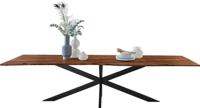 Produktbild von Baumkantentisch 280 x 100 cm Kalea, Akazienholz nussbaumfarben & massiv, Esstisch mit schwarzem Spider-Metallgestell, Tischplatte 26 mm, Esszimmertisch, Industrial-Design