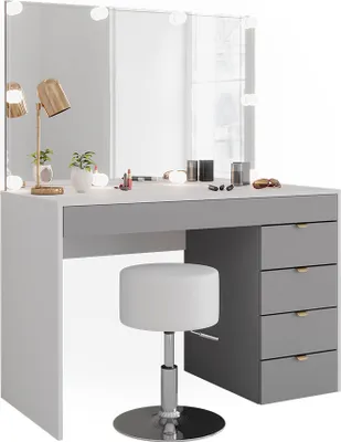 Produktbild von Schminktisch Vicco Elise Weiß/Grau/Grau 115 cm mit LED Beleuchtung und Hocker, Model 41344