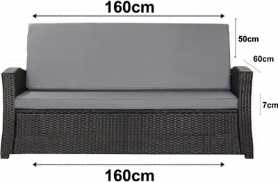 A front view of a gray and black outdoor sofa cushion set with dimensions indicated by text overlays.