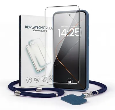 Produktbild von Handyhülle für Xiaomi 14 Pro mit Handykette und 9H Displayglas Displayschutz Band Kordel Hülle Case Schutzhülle Blau