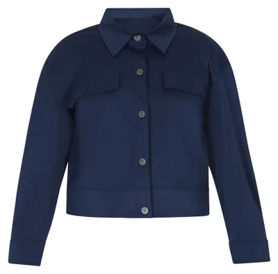 Produktbild von Marineblaue Damen-Jacke Größe S mit spitz zulaufendem Kragen und zwei Brusttaschen