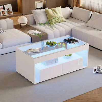 Produktbild von Couchtisch - Wohnzimmertisch - Beistelltisch - Couchtisch - Beistelltisch - Modern, weiß - Mit 2 geräumigen Schubladen