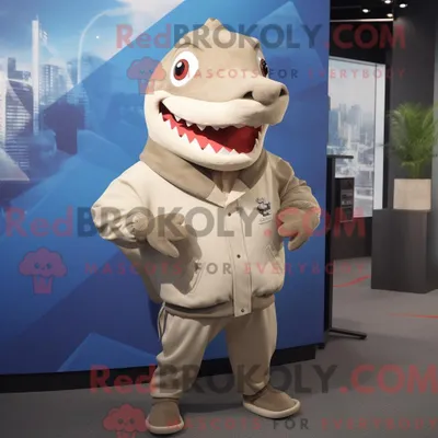Produktbild von Maskottchen REDBROKOLY eines beigen Hais mit Windjacke und Wickelrock