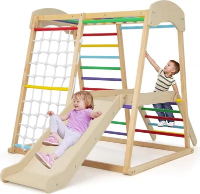 Produktbild von Klettergerüst Indoor Kletterspielzeug mit Rutsche Kletterleiter Kletternetz Affenstange, Spielturm Spielplatz Montessori Kletterdreieck aus massivem Kiefernholz für Kinder ab 1 Jahr (Bunt)