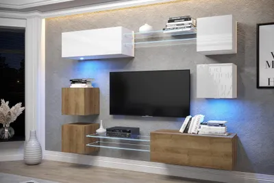 Obrázek produktu pro Furnitech Obývací stěna - Nábytek do obývacího pokoje s LED RGB - 16 barev - Moderní závěsná skříňka - Police a TV skříňka (AN65N-21WDZ-HGM9)