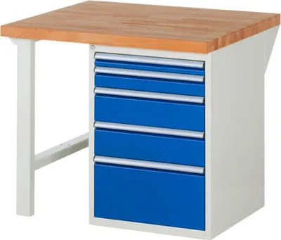Produktbild von Werkbank mit 5 Schubladen - Teilauszug - 60:1 / 90:1 / 150:2 / 270:1 - 890 x 1.000 x 900 mm (HxBxT) - Traglast 1.000 kg - Buche